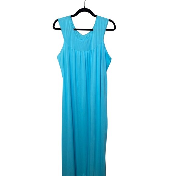 VTG Lorraine Nylon Nightgown LARGE Aqua Blue Sleeveless Long Lace Trim Made USA - Picture 2 of 8